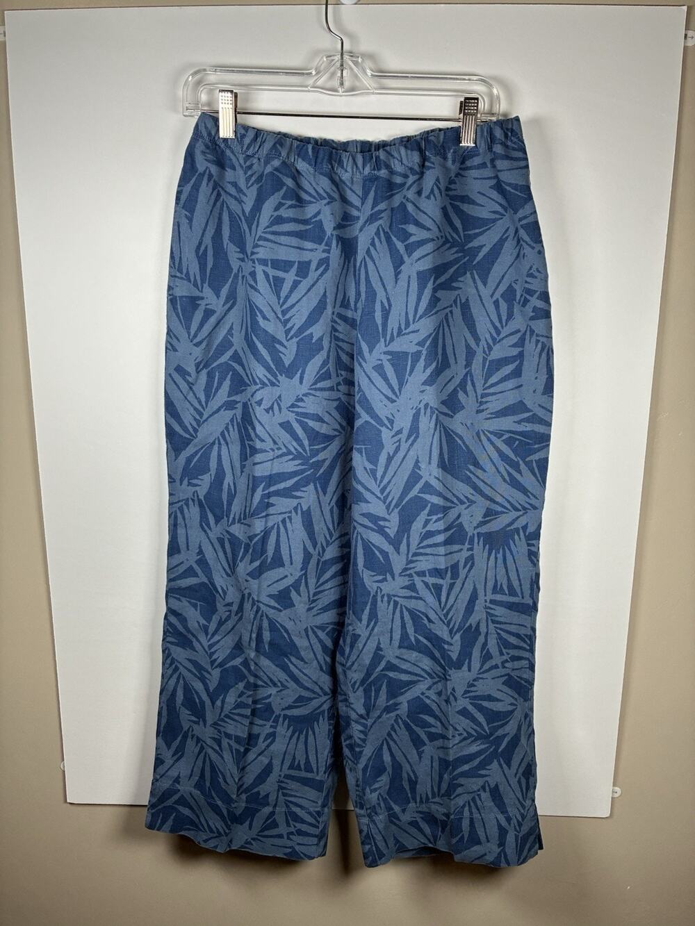 J Jill Love Linen M 100% Linen Wide Leg Crop Pants Blue Palm Print Pockets